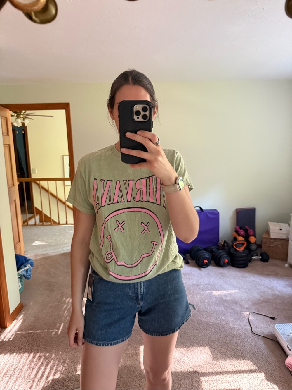 NIRVANA Olive Green Tee with Pink Smiley Graphic